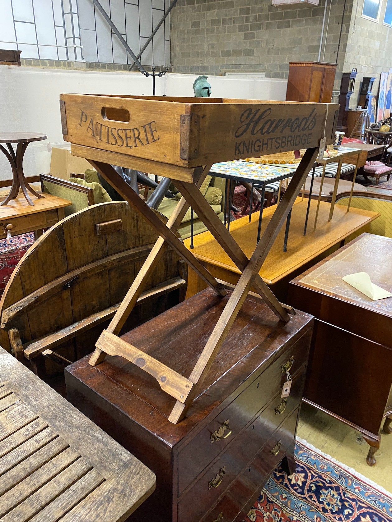 A pine 'Harrods' butler's tray on folding stand, width 65cm, depth 45cm, height 78cm